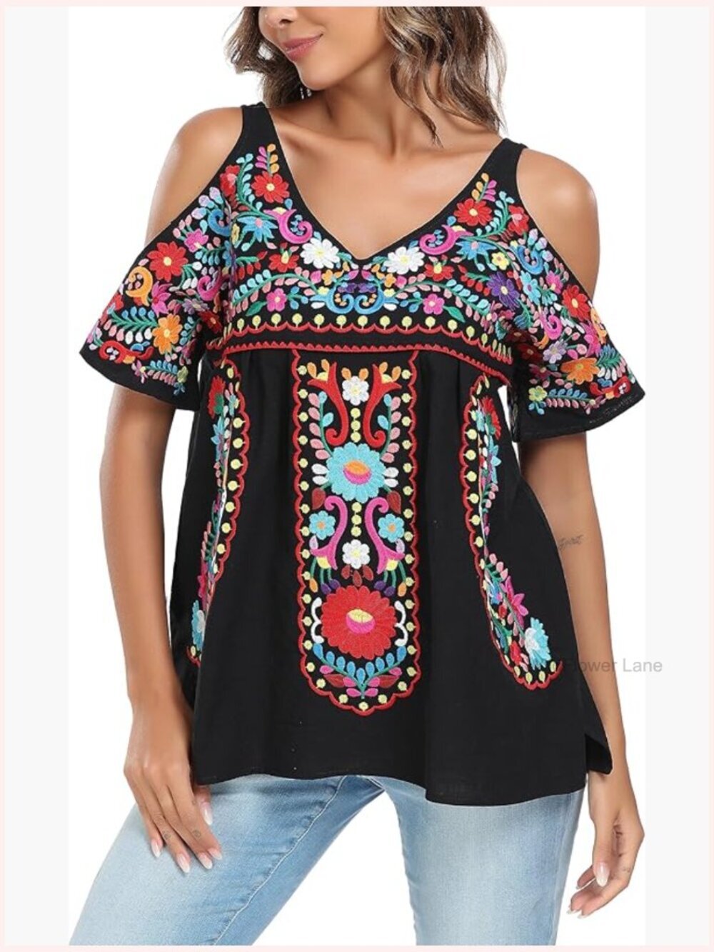 Boho Embroidered Floral Tunic Blouse V Neck Short Sleeve